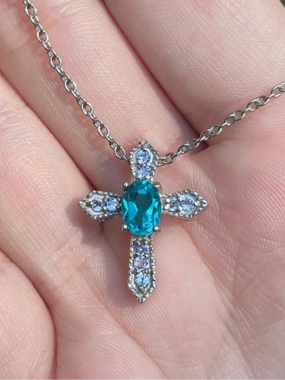 Silver Cross Pendant Necklace with Teal Center Stone